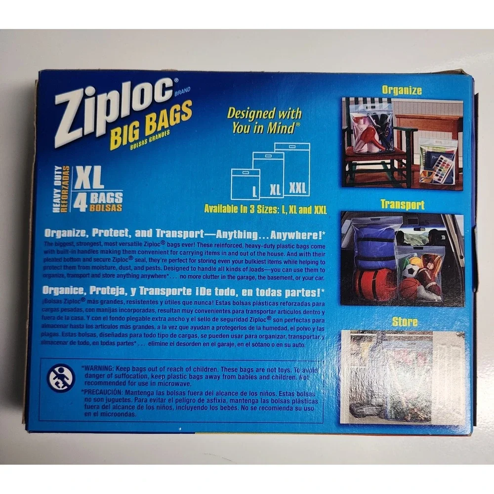 Ziploc Big Bags Heavy Duty Storage XL 4 Bags Discontinued New w/zipper
